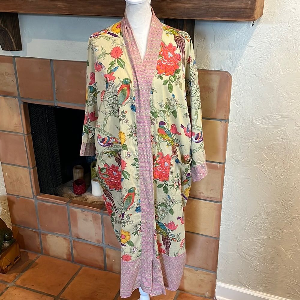 Floral Bird-Print Satin Robe with Pink Trim
